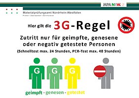 Aushang zur 3G Regel: Zutritt nur für geimpfte, genesene oder negativ getestete Personen (Schnelltest max. 24 Stunden, PCR-Test max. 48 Stunden)